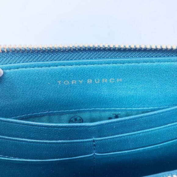 Tory Burch Jewel Tone Green Leather Zip Around Wallet Many Card Slots VGUC - Picture 6 of 8